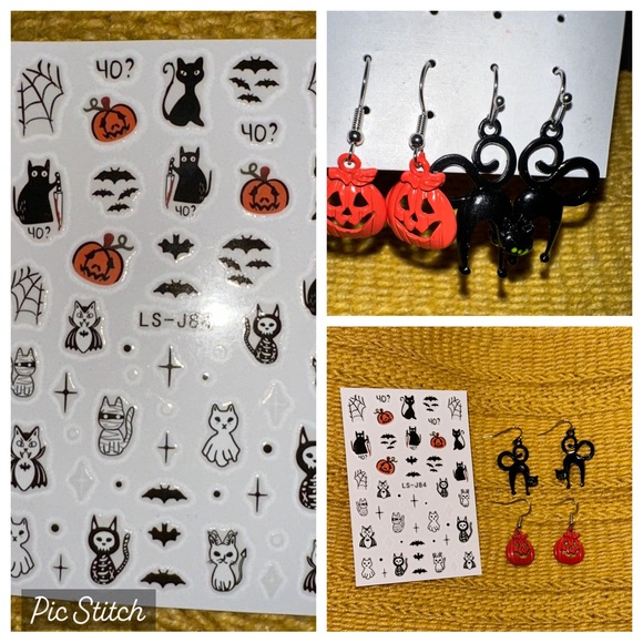 New 🎃 Halloween 2 Pairs Earrings Cat & Pumpkin plus Nail Decal Bundle Spooky - Picture 1 of 7
